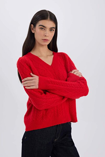DeFacto Relax Fit V-Neck Hair Braided Knitwear Red Sweater C9060Ax24Wn