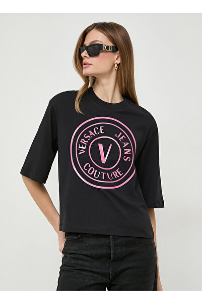 VERSACE JEANS COUTURE Yuvarlak Yaka Baskılı Siyah Kadın T-Shirt 76HAHG05