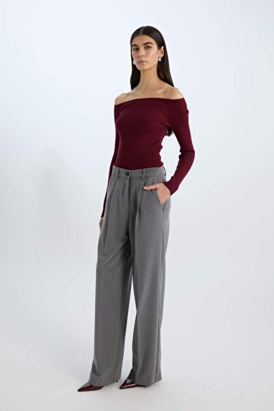 DeFacto Fitted Open Shoulder Basic Plain Burgundy Strickpullover E0314AX24WN