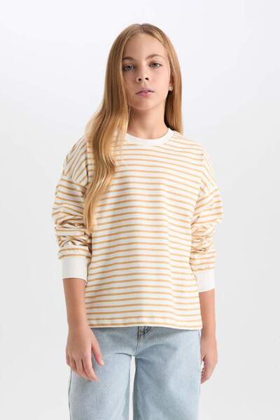 DeFacto Kız Çocuk Relax Fit Bisiklet Yaka Çizgili Sweatshirt D6503A8NS