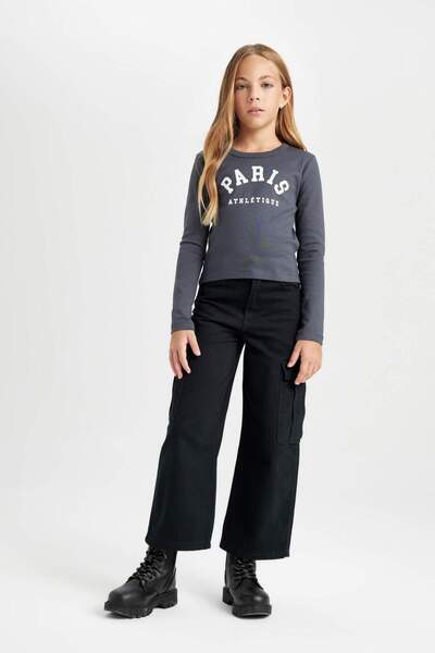 DeFacto Girls' Crop Crew Neck Printed Ribbed Camisole 2-Piece Long Sleeve T-Shirt D3347A824Au