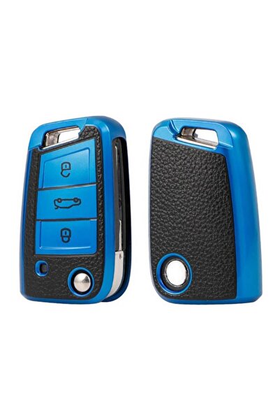 OEM Husă albastră cu inserții piele cheie VW (Volkswagen VW Polo Golf 7 MK7 Tiguan Skoda Octavia Kodiaq)
