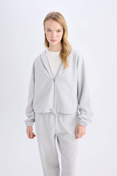 DeFacto Coool Loose Fit Basic Plain Hooded Zippered Sweatshirt E1464Ax24Wn
