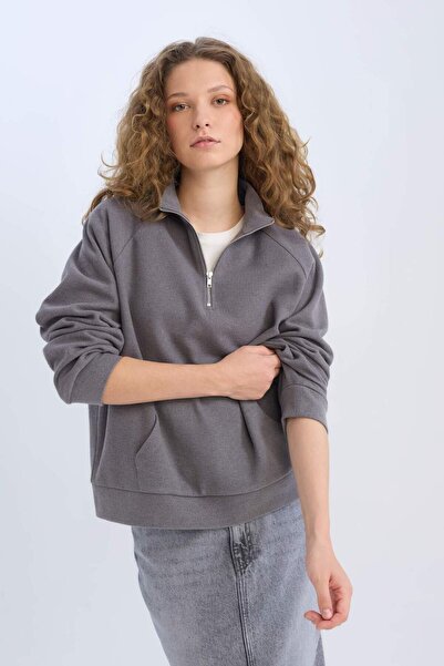 DeFacto Oversize Geniş Kalıp Basic Düz Kanguru Cepli Fermuarlı Polo Yaka Sweatshirt E0741AX24WN
