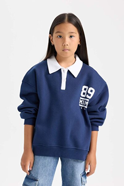 DeFacto Kız Çocuk Oversize Geniş Kalıp Polo Yaka Baskılı İçi Yumuşak Tüylü Sweatshirt D3497A824WN