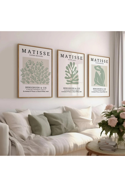 Home (ÇERÇEVESİZ) 3'lü Set Yeşil Matisse Baskısı Poster, Bohem Duvar Dekoru, ...