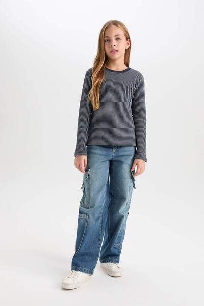 DeFacto Дівчача футболка Slim Fit з вузьким кроєм, велосипедним коміром, смужками та довгими рукавами D0704A824AU