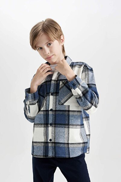 DeFacto Erkek Çocuk Oversize Geniş Kalıp Polo Yaka Flanel Uzun Kollu Gömlek D6687A824WN