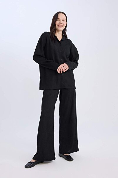 DeFacto Bürümcük Pants Straight Fit Elastic Waist Basic Plain Wide Loose Leg D7522Ax24Au
