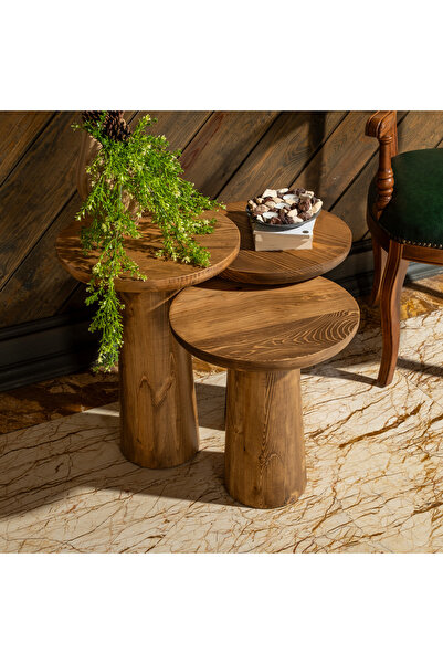 woodbaba Koyu Ceviz Mantar Form Zigon Sehpa – 3’lü Masif Ahşap, Rustik Bohem ...