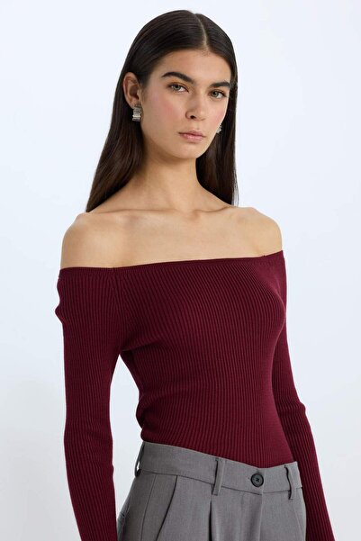 DeFacto Fitted Open Shoulder Basic Plain Burgundy Strickpullover E0314AX24WN