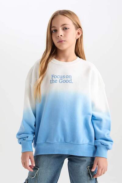 DeFacto Kız Çocuk Oversize Geniş Kalıp Bisiklet Yaka Degrade Baskılı Sweatshirt D2887A824WN
