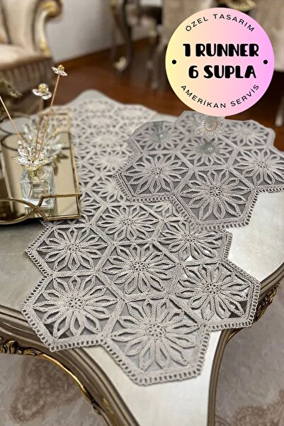 Çt Çeyizci Tekstil 1 Runner 6 Supla American Food Serving Set - Table Cloth Set