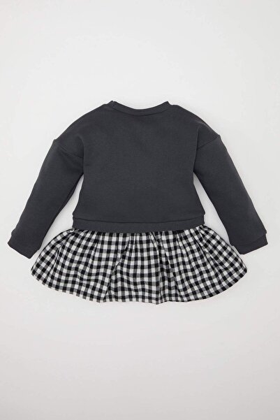 DeFacto Crew Neck Printed Long Sleeve Checkered Skirt Sweat Dress - D5630A524Wn