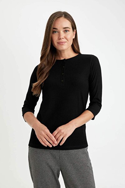 DeFacto Siyah Regular Fit Bisiklet Yaka Fitilli Kaşkorse Düğmeli Yarım Kollu Basic Düz Tişört D7491AX24AU