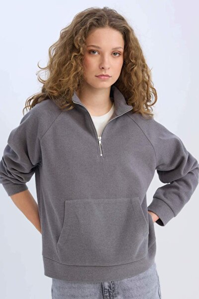 DeFacto Oversize Wide Fit Basic Plain Kangaroo Pocket Zippered Polo Neck Sweatshirt E0741Ax24Wn