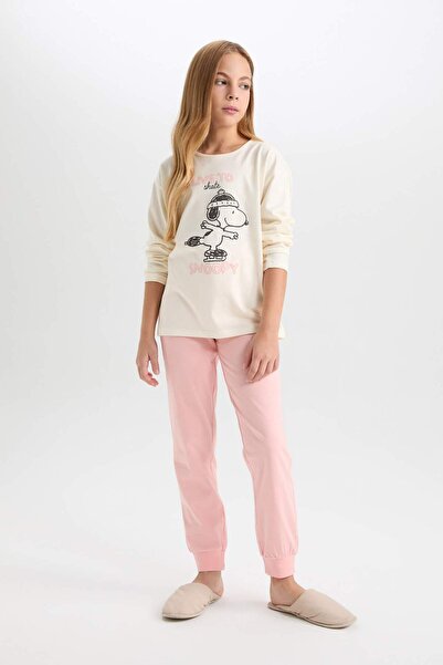 DeFacto Girls' Pajamas Set Snoopy Long Sleeve Top with Elastic Waist Long Bottom D9176A824Wn