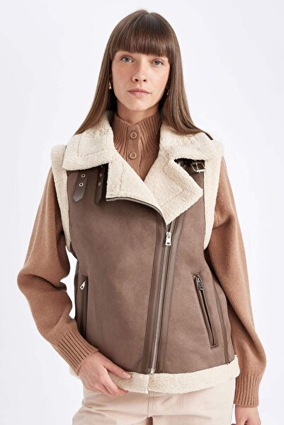 DeFacto Водовідштовхувальний замшевий жилет з кружевим коміром, блискавкою, кишенями, без рукавів, сезонний, з підкладкою з штучного хутра A6508AX24WN