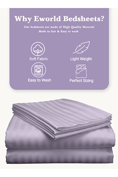 Eworld Luxury Lilac Striped Cotton Bed Sheet Set – 3 Piece with Flat Sheet & 2 Pillowcases