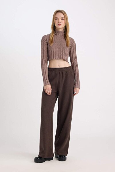 DeFacto Coool Balıkçı Yaka Crop Top Basic Düz Fitilli Kaşkorse Uzun Kollu Tişört E1673AX24WN