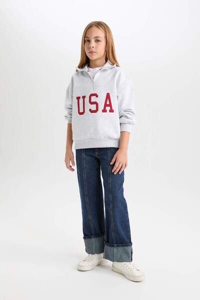 DeFacto Girls' Relax Fit Half Zipper Printed Soft Furry Inside School Sweatshirt D4273A824Wn