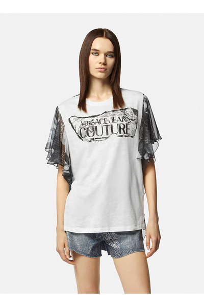 VERSACE JEANS COUTURE Yuvarlak Yaka Baskılı Beyaz Kadın T-Shirt 76HAHE03