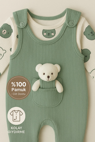 MYZİ STORE %100 Pamuk Cilt Dostu Bebek Tulum Seti – Ayıcık Cepli, İç Bodyli