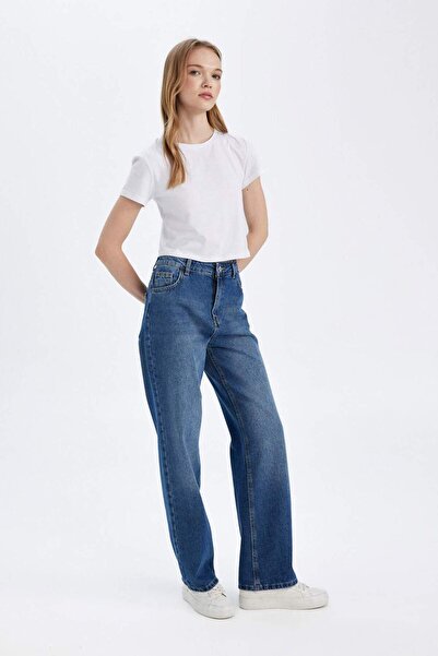 DeFacto Pantaloni lungi din jean cu talie înaltă cu picioare late din anii 90 D8153ax24wn