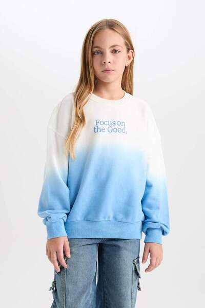 DeFacto Kız Çocuk Oversize Geniş Kalıp Bisiklet Yaka Degrade Baskılı Sweatshirt D2887A824WN