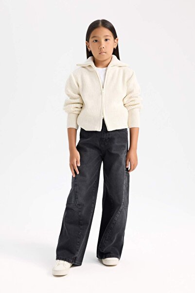 DeFacto Girl's Basic Plain Stand Collar Zippered Black Knitwear Cardigan C9557A824Wn