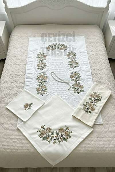 Çt Çeyizci Tekstil Kanaviçe Seccade Takımı, Seccade Seti Kanaviçe Renkli 5 Parça Seccade Kanaviçe Takım - Kahve