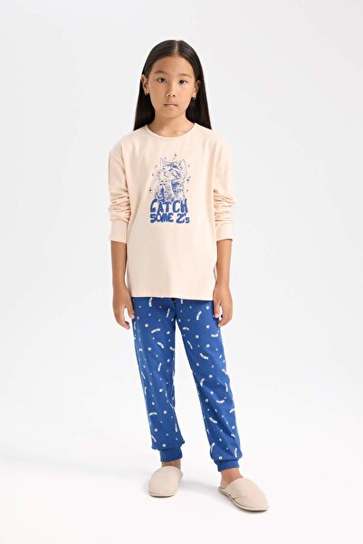 DeFacto Bedrucktes Pyjama-Set für Mädchen – lange Ärmel, elastische Taille, lange Unterseite D7743A824WN