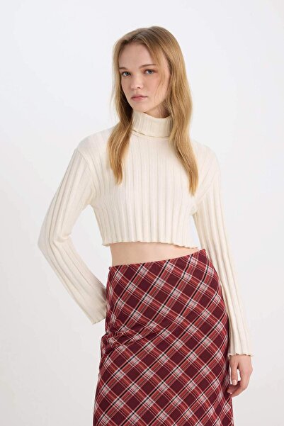DeFacto Coool Balıkçı Yaka Crop Top Basic Düz Fitilli Kaşkorse Uzun Kollu Tişört E1673AX24WN