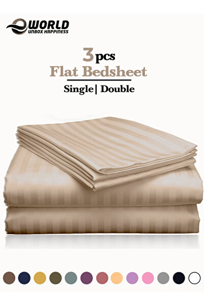 Eworld 3 Piece Beige Striped Cotton Single Bed Sheet Set – Flat Sheet & 2 Pillowcases