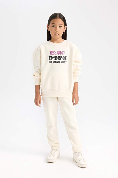 DeFacto Kız Çocuk 2'li Takım Baskılı Sweatshirt Üst Beli Lastikli Jogger Eşofman Altı D4869A824WN