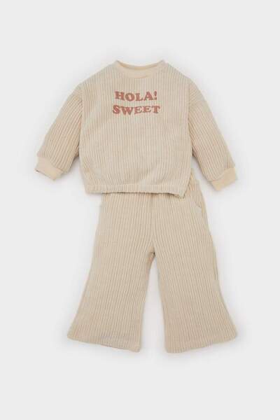 DeFacto Kız Bebek 2li Takım Fitilli Kadife Bisiklet Yaka Baskılı Sweatshirt Geniş Bol Paça Alt D5476A524WN