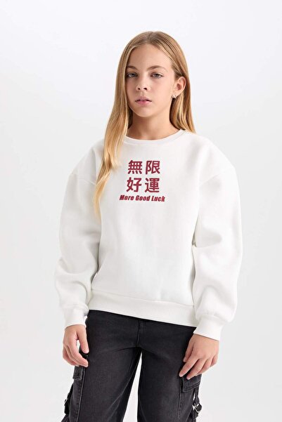DeFacto Kız Çocuk Relax Fit Bisiklet Yaka Baskılı Sweatshirt D1564A824WN