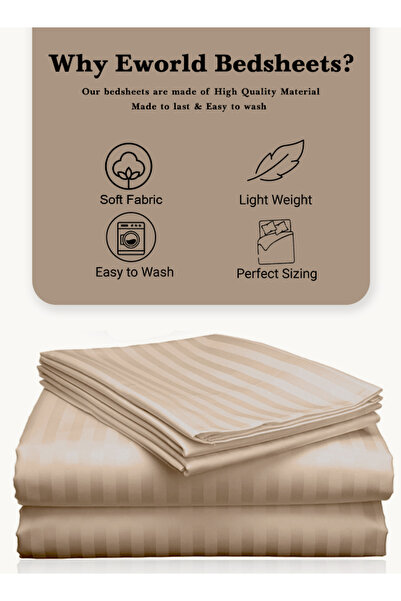 Eworld 3 Piece Beige Striped Cotton Single Bed Sheet Set – Flat Sheet & 2 Pillowcases