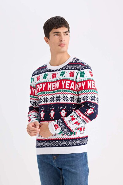 DeFacto Standard Fit New Year's Themed Crew Neck Sweater D5489Ax24Wn