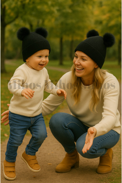 Mihos Mother Child Combination Pompom Beanie Set - Women's and Children's Double Pompom Winter Beanie