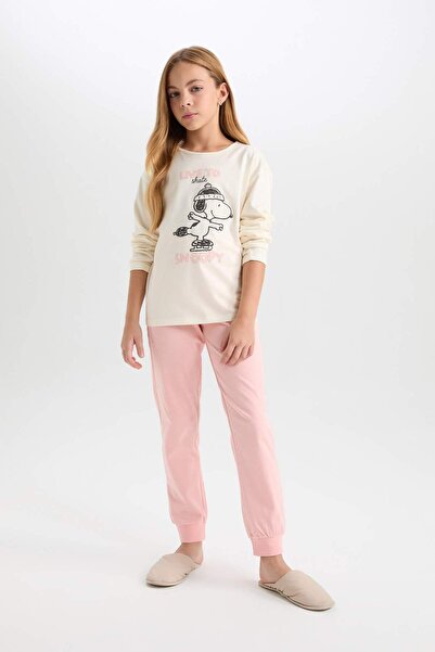 DeFacto Girls' Pajamas Set Snoopy Long Sleeve Top with Elastic Waist Long Bottom D9176A824Wn
