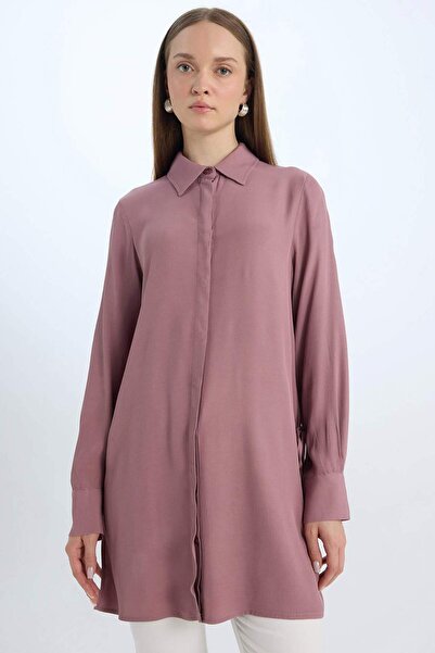 DeFacto Relax Fit Shirt Collar Side Tie-Up Long Sleeve Basic Plain Shirt Tunic D7200Ax24Wn