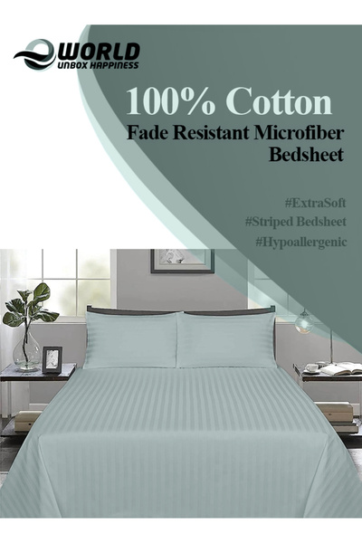 Eworld Luxury Pastel Green Striped Cotton Bed Sheet Set – 3 Piece with Flat Sheet & 2 Pillowcases