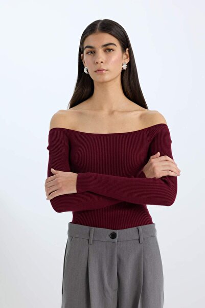 DeFacto Fitted Open Shoulder Basic Plain Claret Red Knitwear Sweater E0314Ax24Wn