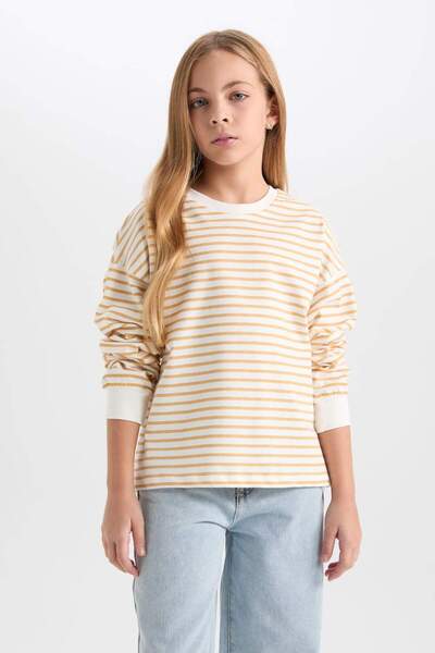 DeFacto Kız Çocuk Relax Fit Bisiklet Yaka Çizgili Sweatshirt D6503A8NS