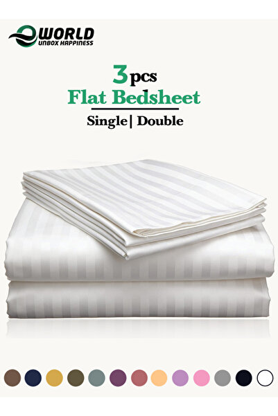 Eworld Luxury White Striped Cotton Bed Sheet Set – 3 Piece with Flat Sheet & 2 Pillowcases