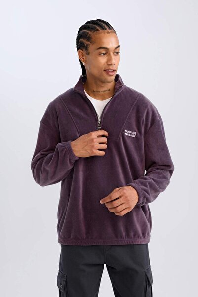 DeFacto Comfort Regular Fit Rahat Kalıp Dik Yaka Baskılı Polar Sweatshirt C7793AX24AU