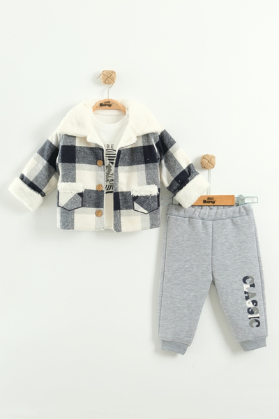 Mini Baray Boy's checkered jacket, sweatshirt and pants 3-piece set (2-3-4 years old)