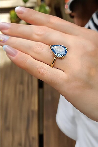 Utku Kuyumculuk 14 AYAR İTALYAN BLUE TOPAZ TAŞLI DAMLA MODEL ALTIN YÜZÜK