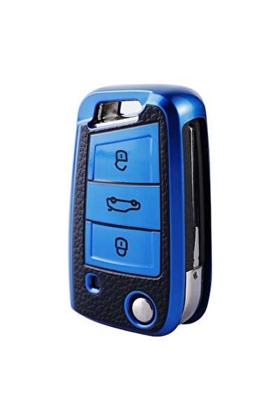 OEM Blue VW key case with leather inserts (Volkswagen VW Polo Golf 7 MK7 Tigu...